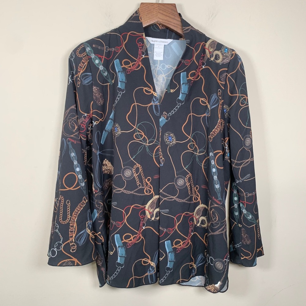 Draper's and Damon's Black Chain/Brooch/Equestrian V-Neck Blouse Large